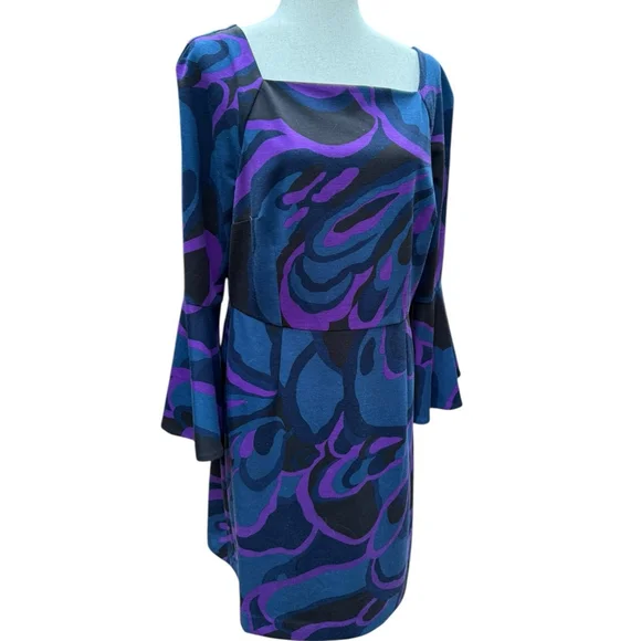 Trina Turk Size 14 Bell Sleeve Dress | Purple & Blue Swirl Geometric Mod Print - Picture 1 of 11